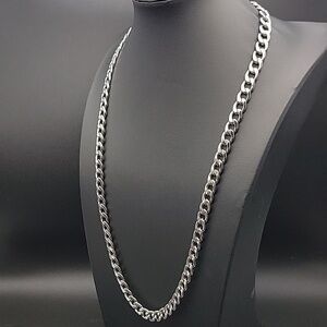 Classic Curb Cuban Link Chain 24" Necklace Silver Tone Stainless Steel Bling